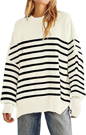 Women's Oversized Crewneck Sweaters Batwing Long Sleeve Side Slit Ribbed Knit Pullover Sweater To... | Amazon (US)