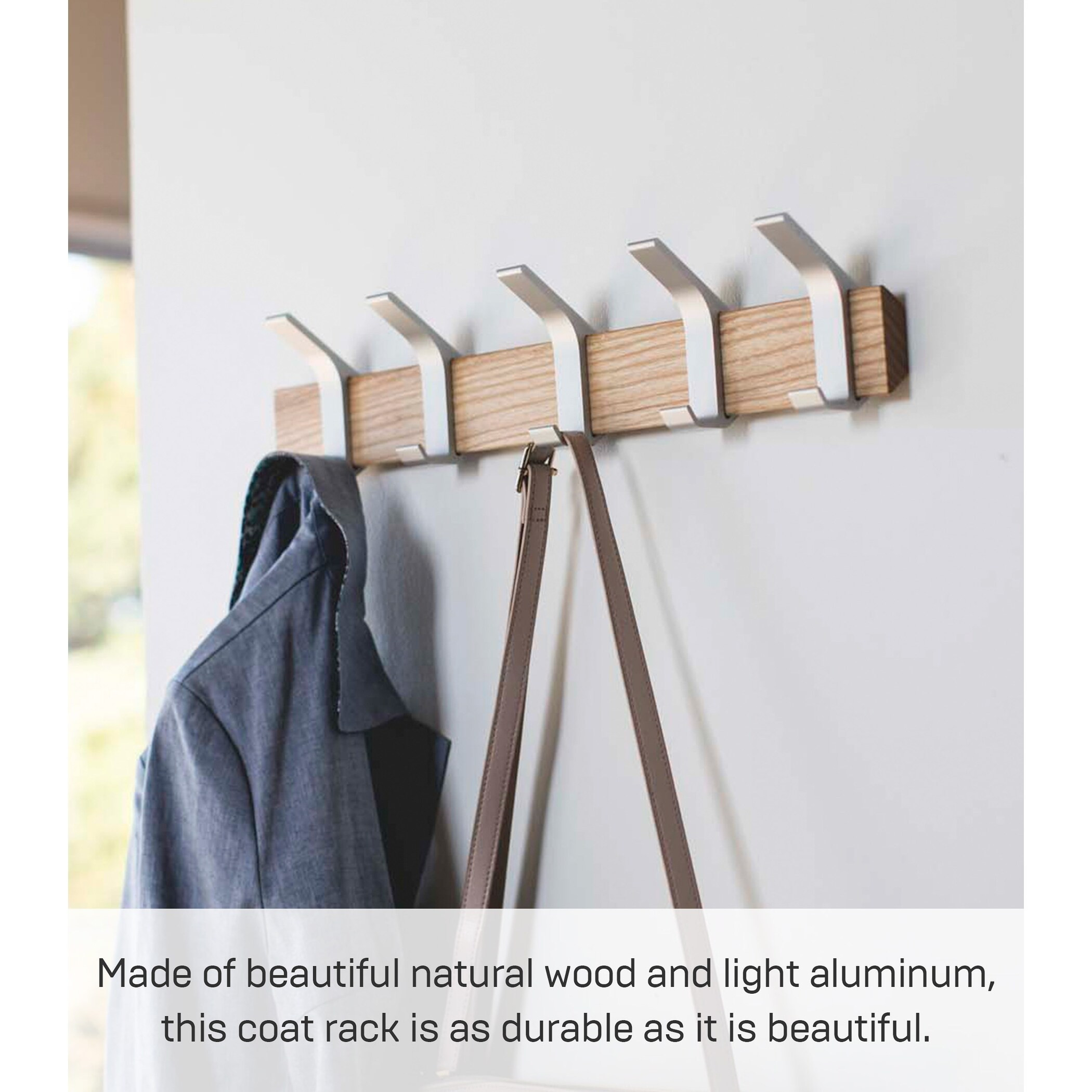 Yamazaki Home Wall-Mounted Coat Rack, Steel and Wood - L 2.56 x W 19.69 x H 3.94 inches | Bed Bath & Beyond