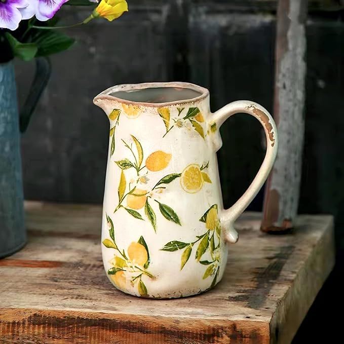 Floral Ceramic Pitcher Vase with Handle, French Farmhouse Rustic Style Home Decoration Lemon Patt... | Amazon (US)