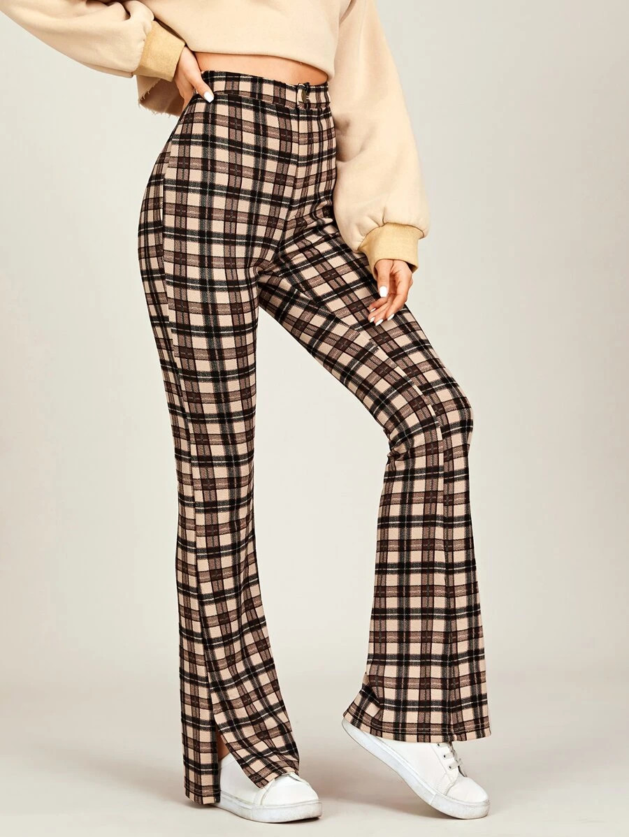 SHEIN Split Hem Tartan Flare Leg Pants | SHEIN