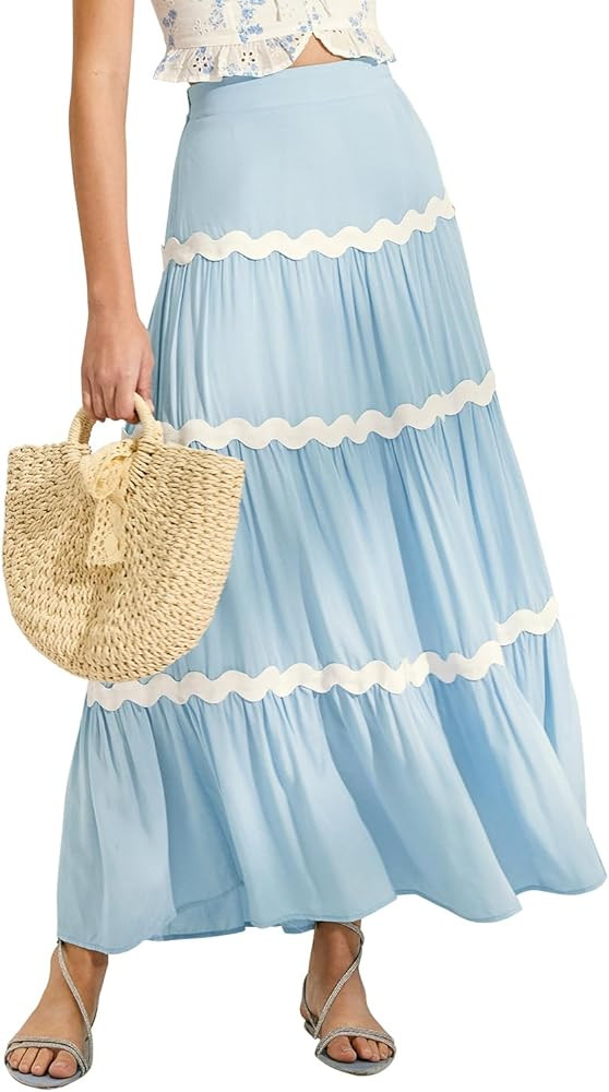 MIHOLL Women's Summer Maxi Skirt Boho Elastic High Waist A-Line Flowy Swing Casual Tiered Long Be... | Amazon (US)