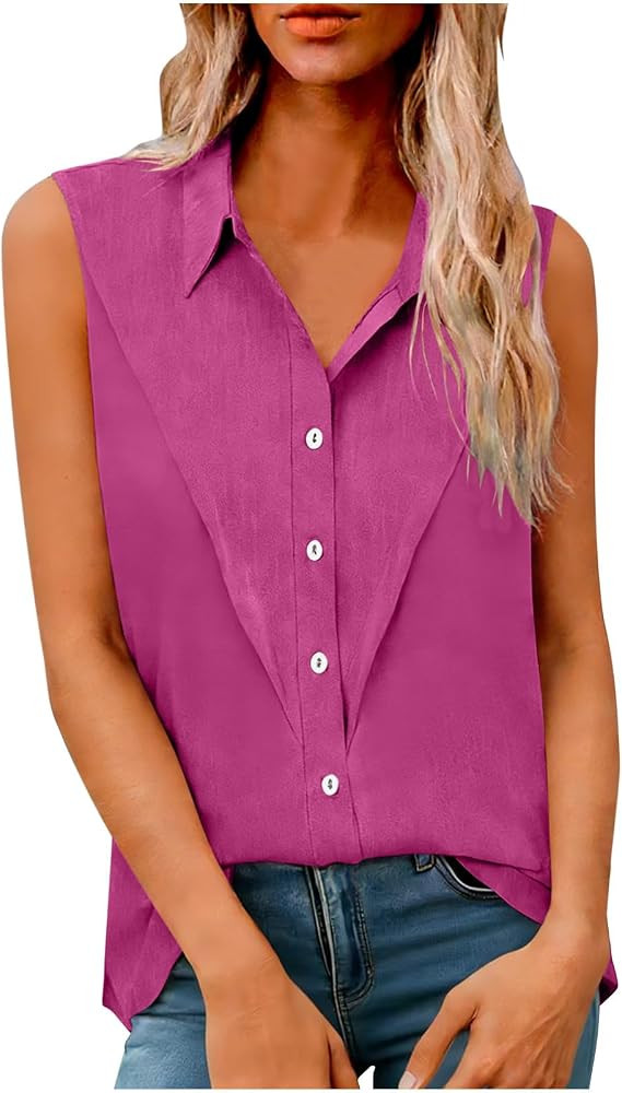 Women's Sleeveless Button Down Shirts Blouses Casual Loose V Neck Tank Tops for Work Business Cas... | Amazon (CA)
