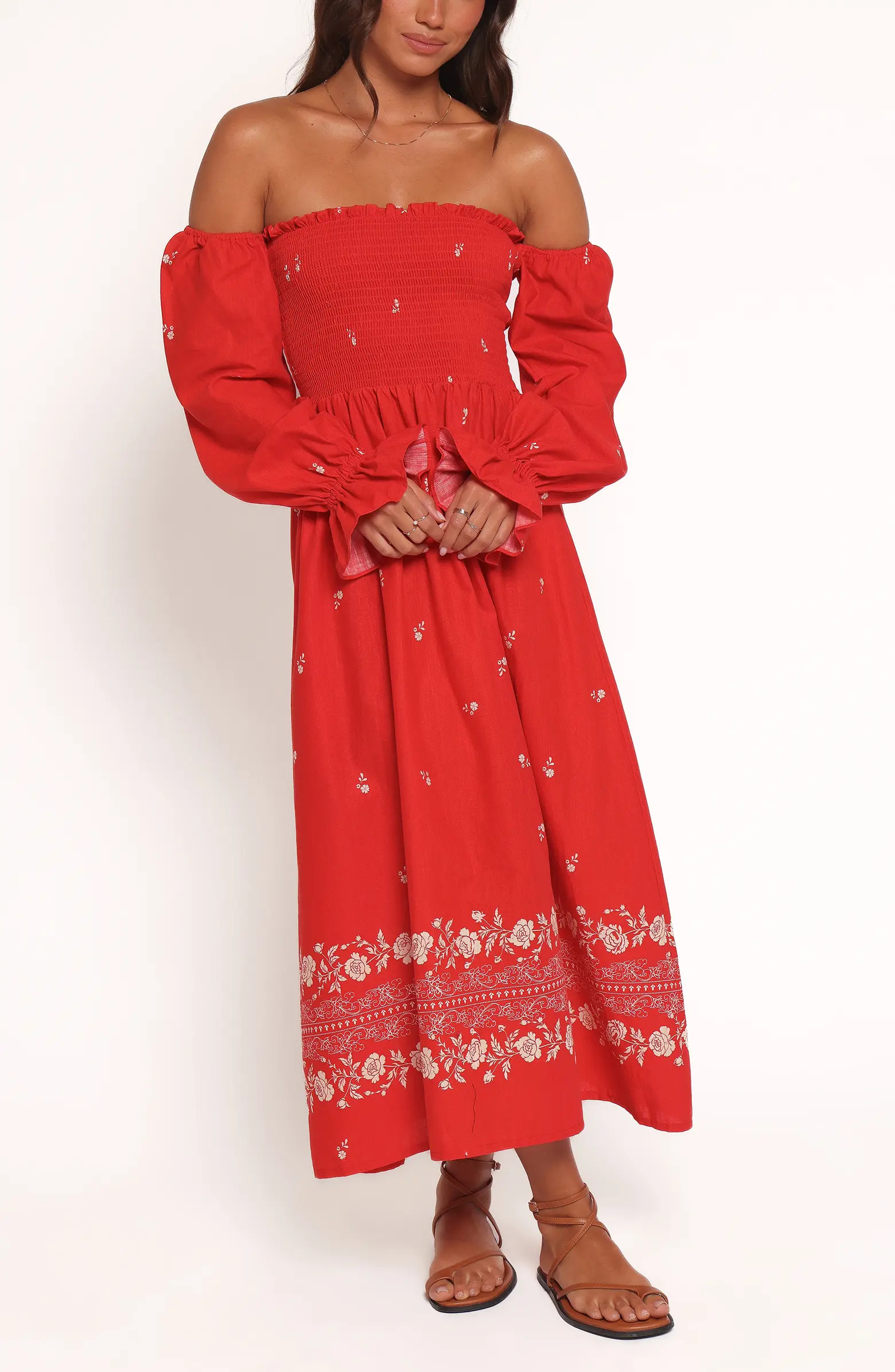 Domenica Smocked Off the Shoulder Linen & Cotton Midi Dress | Nordstrom