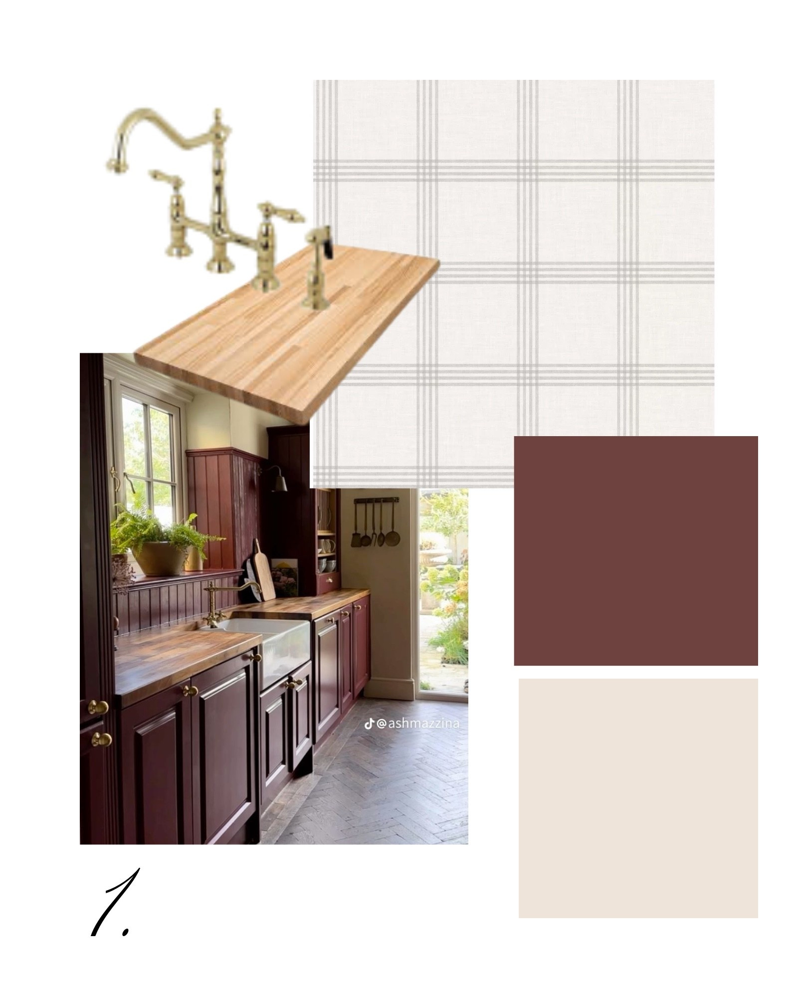 Plaid wallpaper and our exact kitchen faucet I polished brass. I love the way these items pair together 