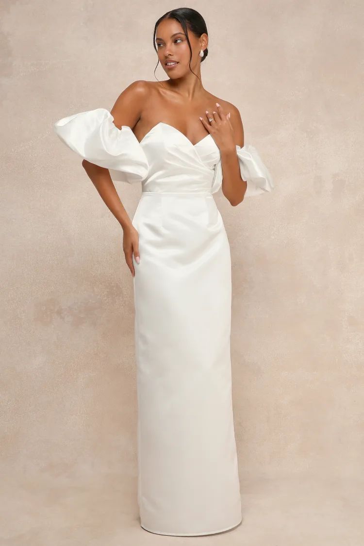 Profound Love White Satin Pleated Puff Sleeve Maxi Dress | Lulus