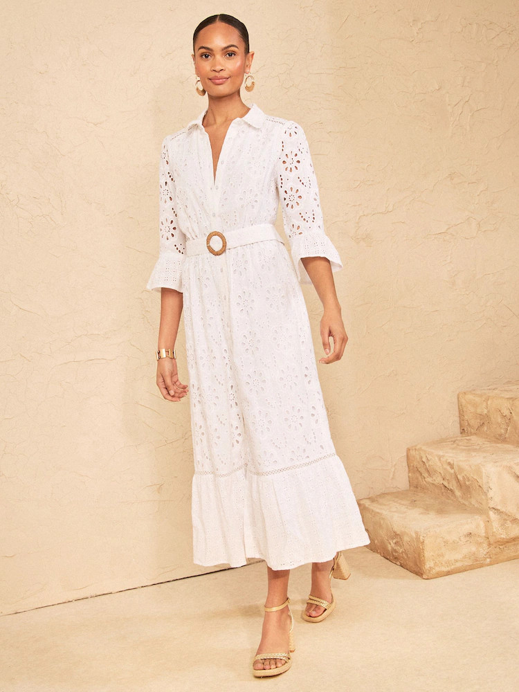 Love & Roses White Broderie Belt Shirt Midi Dress | Next US