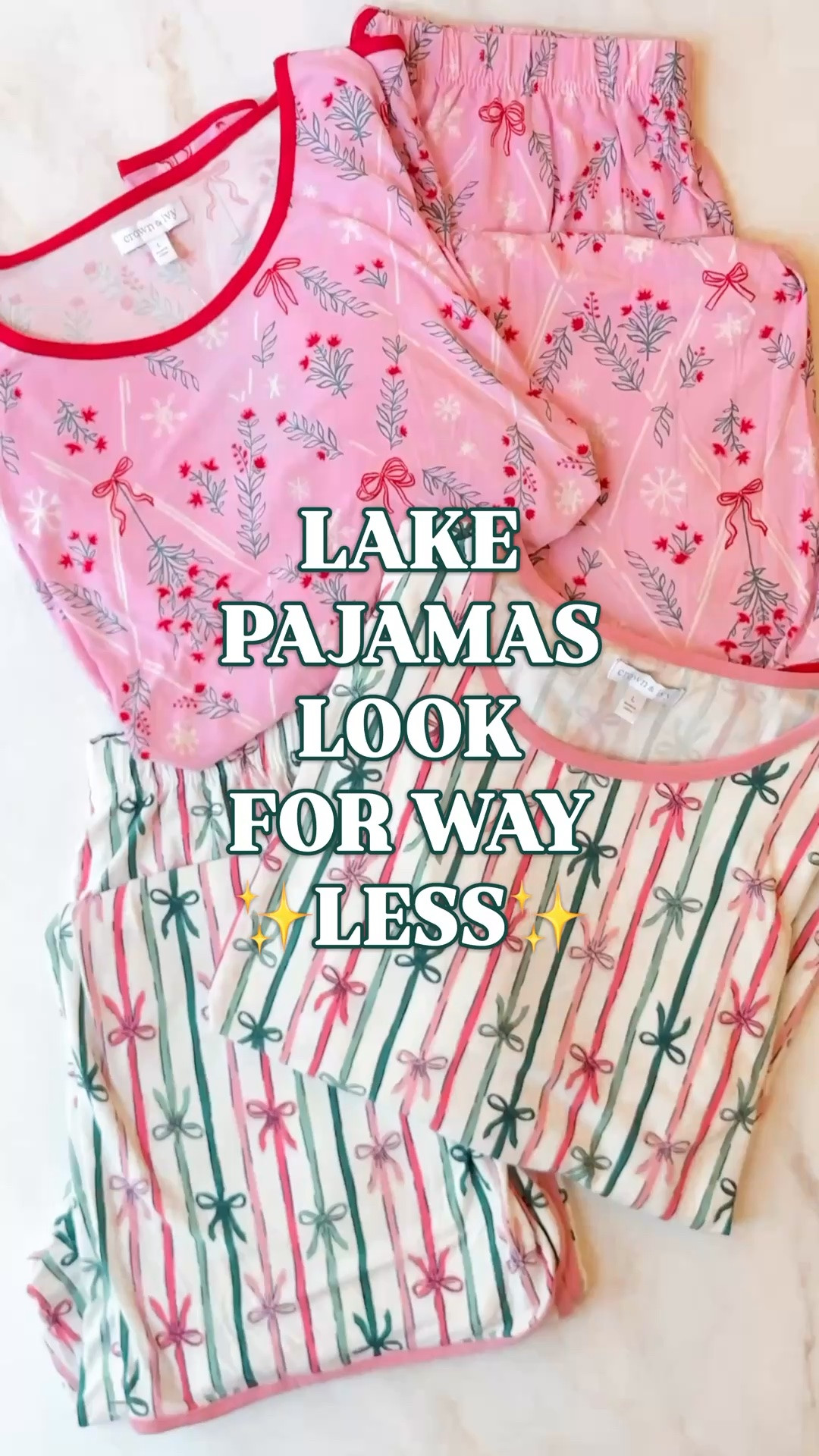 LAKE pajamas look for less | holiday pajamas women | Crown & Ivy 3 piece pajama set | Belk finds

If you love the silhouette of LAKE pajamas, these holiday pajama sets at Belk deserve a spot on your list. The crewneck, contrast trim and easy shape give you that familiar LAKE Pima Bundle look for less, with the prettiest festive prints. 🎀

And you get THREE pieces: a long-sleeve top, matching pants AND shorts. Wear the shorts for warmer nights, then switch to pants for Christmas morning, holiday movie nights and winter weekends at home.

The pink holiday print and colorful striped bow print are such good finds for the girls who love feminine, preppy pajamas. Pink, green, bows and contrast piping? Exactly my kind of Christmas sleepwear.

These Crown & Ivy matching pajamas have dropped shoulders and a touch of stretch, and they’re available in plus sizes too. Such a pretty gift for your mom, sister or a friend who loves the LAKE pajama look.

Shop your favorite print below and get both the shorts and pants in one set.

LAKE pajamas look for less, LAKE inspired pajamas, LAKE Pima Bundle look for less, holiday pajamas women, Christmas pajamas women, matching Christmas pajama set women, 3 piece pajama set women, pajamas with shorts and pants, long sleeve holiday pajamas, plus size Christmas pajamas, pink Christmas pajamas, bow print pajamas, striped pajamas women, preppy pajamas, feminine sleepwear, Christmas morning pajamas, holiday gifts for her, Crown and Ivy pajamas, Belk pajamas, affordable holiday pajamas

#LTKHoliday #LTKGiftGuide #LookForLess #HolidayPajamas #ChristmasPajamas #PreppyStyle #BelkFinds

#LTKSeasonal #LTKSaleAlert #LTKHome