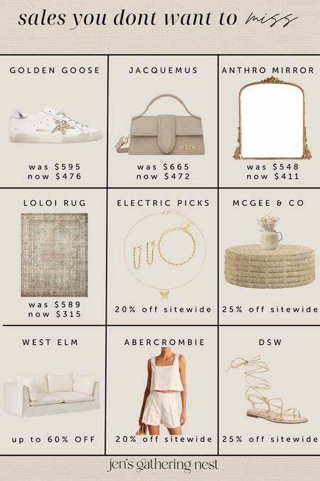 Sales you don’t want to miss this Memorial Day weekend - from designer sales to home sales! 🤍 #sales #memorialdaysales #anthropologie #goldengoose #jacquemus #abercrombie #westelm #mcgeeandco #dsw #ssense #loloi #amazon #fashion #homedecor #neutralfinds #neutraldecor #neutralfashion 

#LTKhome #LTKsalealert #LTKFind