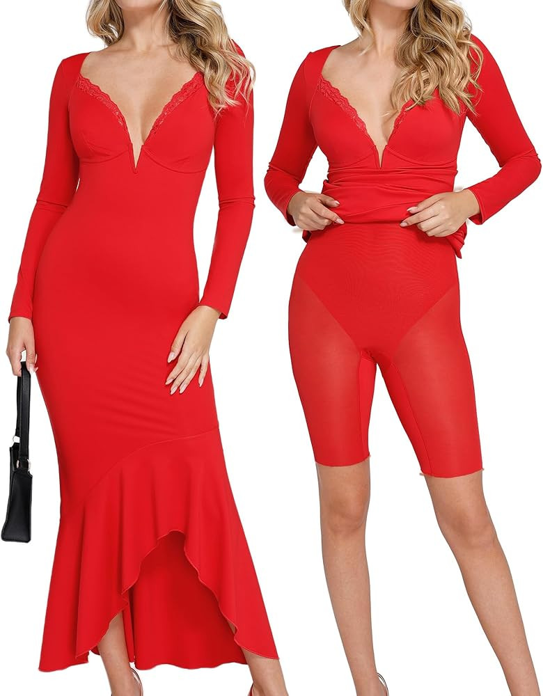 Popilush Shapewear Dress Long Sleeve Wedding Guest Dress Lace Trim Fall Mermaid Maxi Dress | Amazon (US)