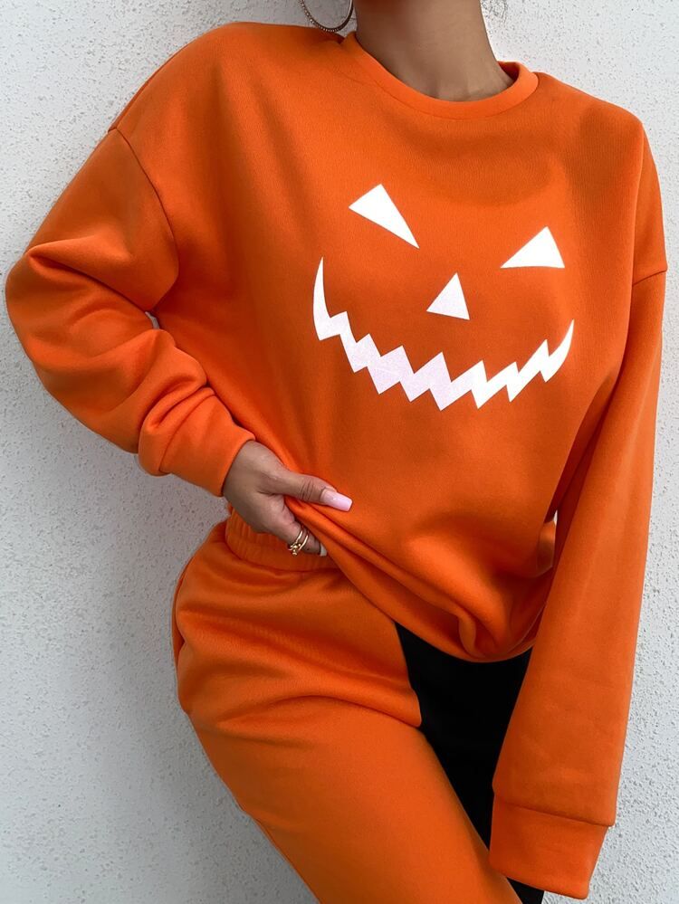 Halloween Pumpkin Print Drop Shoulder Pullover | SHEIN