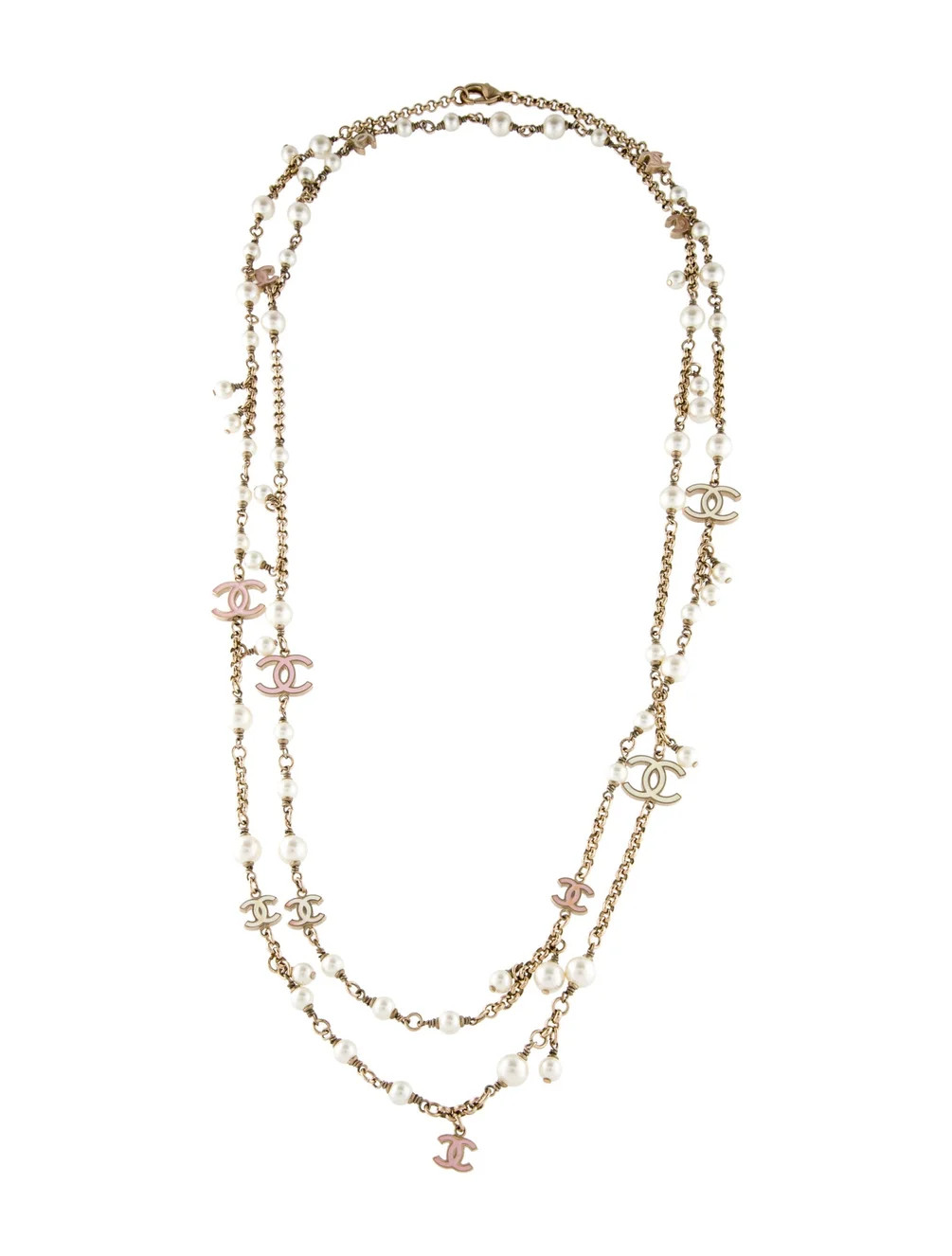 Faux Pearl & Enamel CC Station Necklace | The RealReal