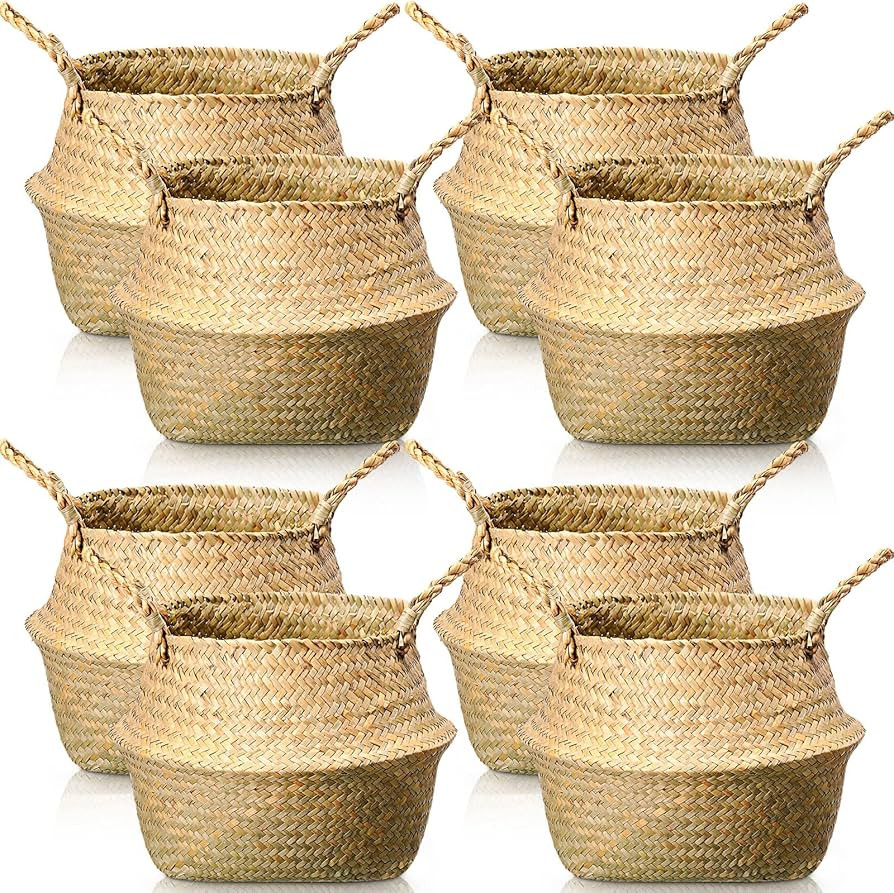 Qunclay Woven Seagrass Plant Basket Belly Basket Boho Natural Plant Pot with Handles Round Decora... | Amazon (US)