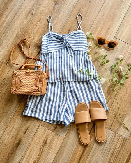 Spring outfit. Summer outfit. Striped set. Linen matching set. Linen shorts. Striped linen shorts. Sandals. Fourth of July outfit ideas. 4th of July. 

#LTKSaleAlert #LTKSeasonal #LTKGiftGuide