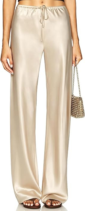 Women's Satin Wide Leg Pants Drawstring Elastic High Waisted Casual Flowy Leg Loose Straight Leg Trousers | Amazon (US)