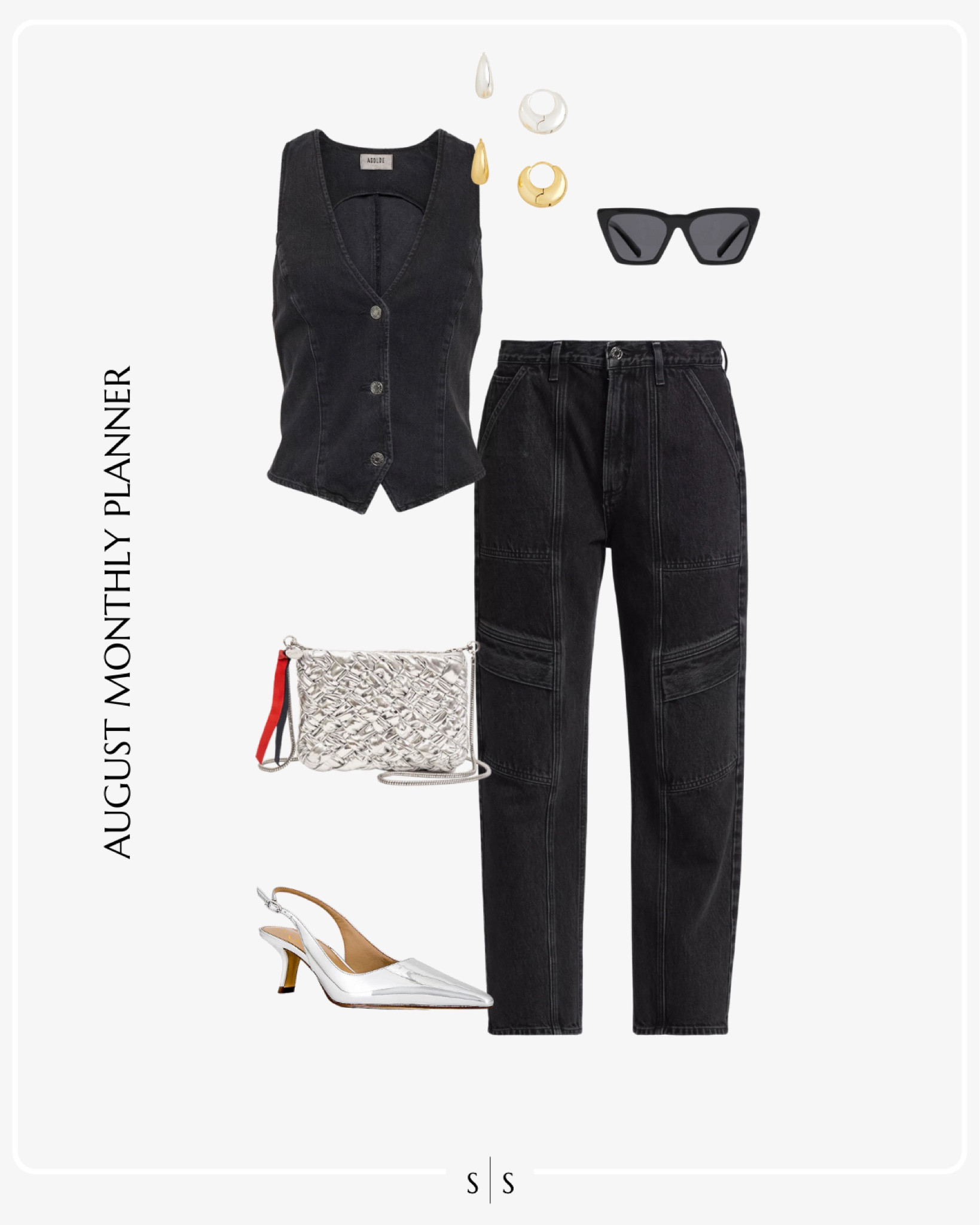 Monthly outfit planner AUGUST: Summer to Fall transitional looks | denim vest, cargo jeans, metallic sling back heels, metallic silver handbag

Date night outfit 

See the entire calendar on thesarahstories.com ✨ 


#LTKStyleTip