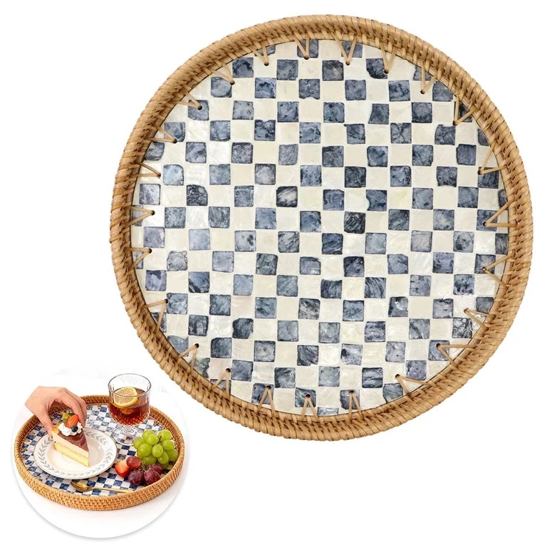 Round Rattan Tray with Mother of Pearl Inlay, Serving Tray for Breakfast, Pastries, Fruits, Decor... | Walmart (US)