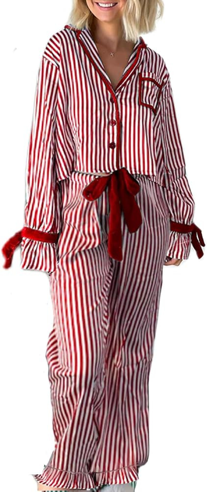 Sastianaen Women Christmas Pajamas Pant Set Bow Tie Long Sleeve Shirt Ruffle Trousers Striped 2 P... | Amazon (US)