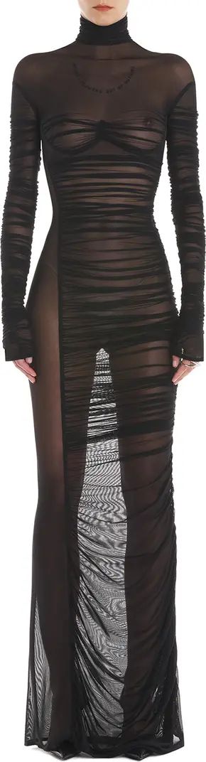 MUGLER Ruched Sheer Long Sleeve Turtleneck Dress | Nordstrom | Nordstrom