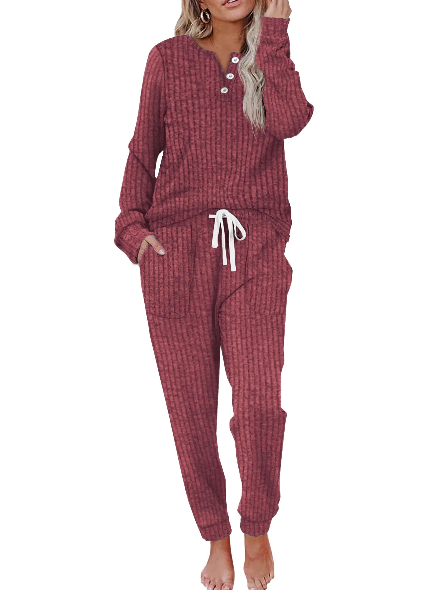 MOSHU Two Piece Womens Pajama Sets Button Down Shirts and Drawstring Pants with Pockets Solid Lou... | Walmart (US)