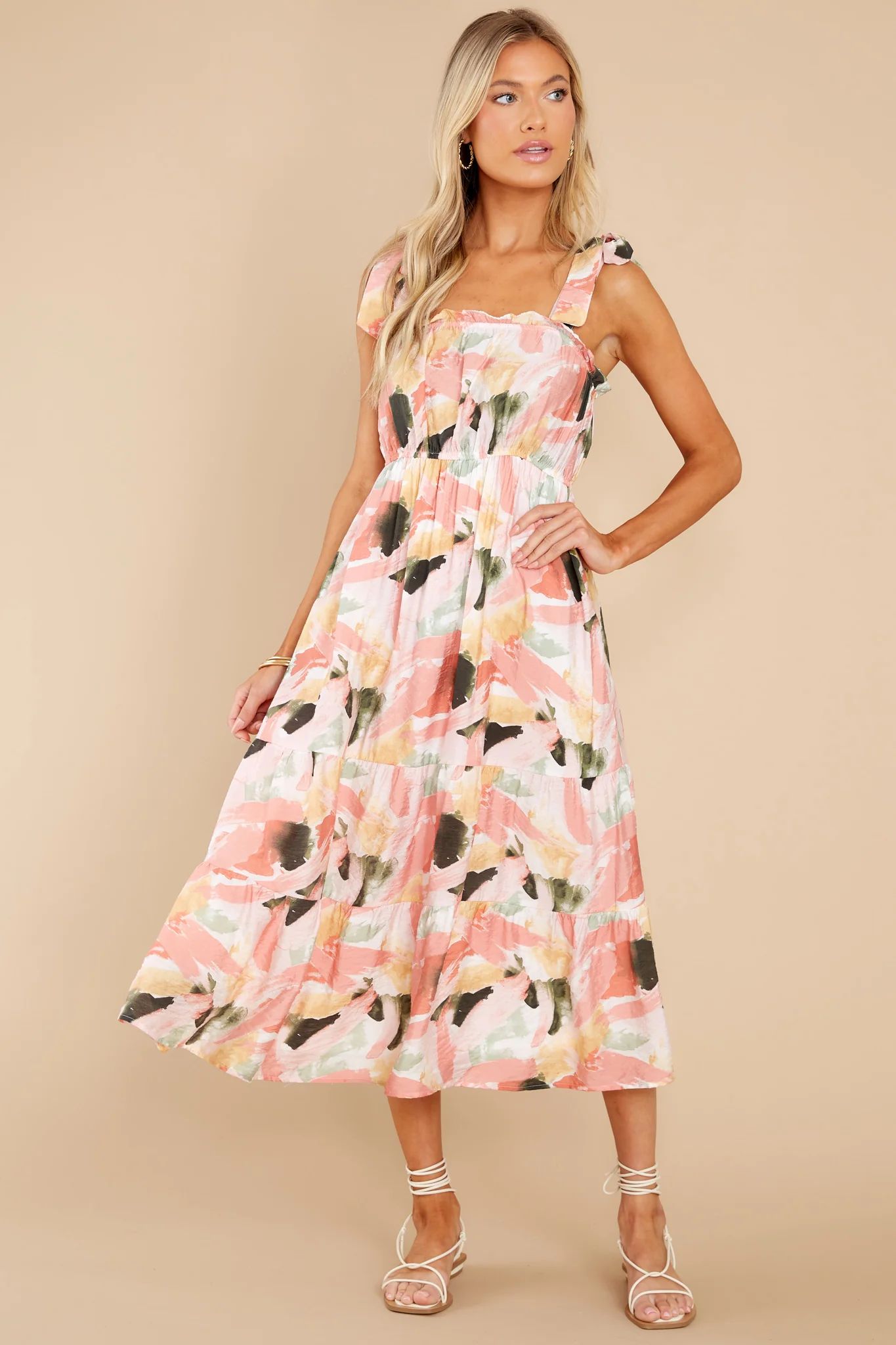 Creative Ideas Peach Multi Print Midi Dress | Red Dress 