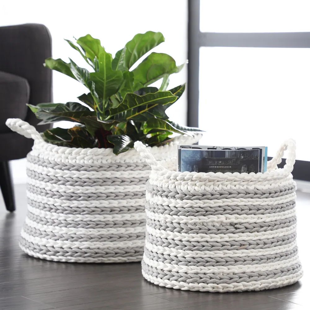 Studio 350 Large Round Striped Gray Mesh & White Cotton Rope Storage Baskets, Set of 2 | Bed Bath & Beyond