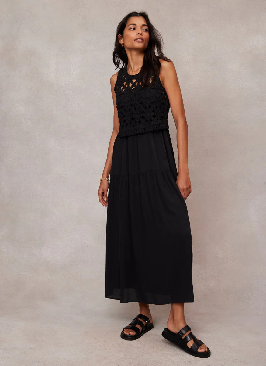Black Crochet Cotton Midi Dress | Mint Velvet