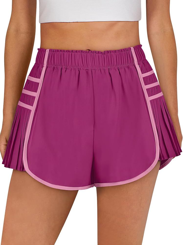 Caracilia Women's Running Shorts High Waisted Quick Dry Athletic Workout Flowy Pleated Contrast C... | Amazon (US)