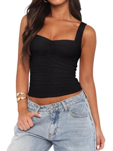 PINKMSTYLE Mesh Sweetheart Neck Tank Tops for Women Double Lined Sleeveless Crop Tops Going Out Tops Black Small | Amazon (US)