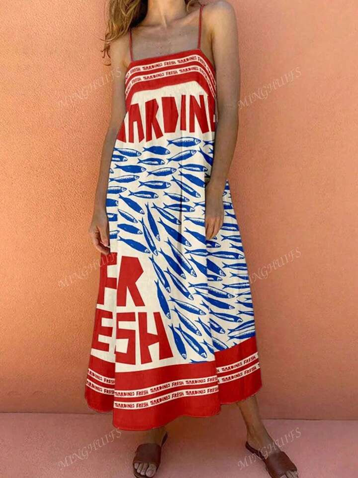 Plus Size Boho Spring And Summer Beachwear For Casual Versatile Suspender Letter Sardine Print Ropical Vacation Woman Clothes A-Line Dress Back To School Fall Women Clothes | SHEIN