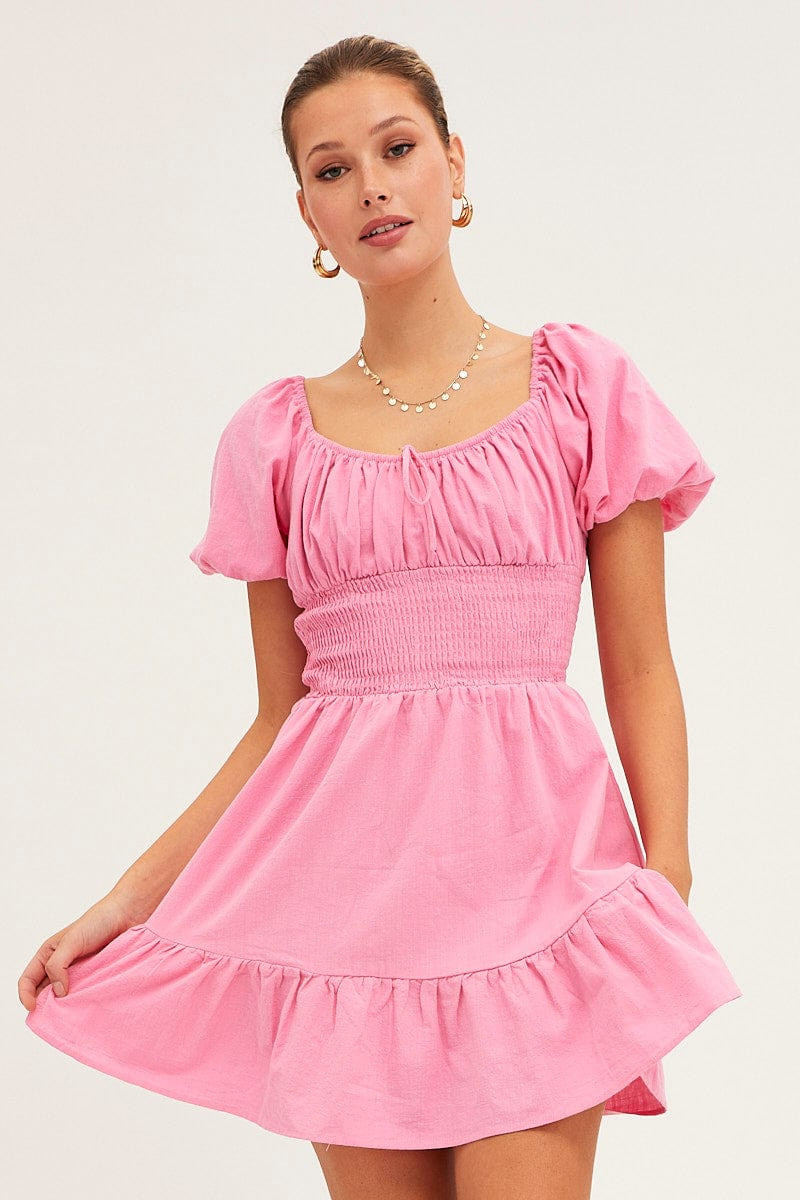Pink Fit And Flare Dress Short Sleeve Round Neck | Ally Fashion (US, Australia & New Zealand)