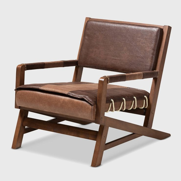 Rovelyn Faux Leather Walnut Finished Wood Lounge Chair Brown - Baxton Studio | Target