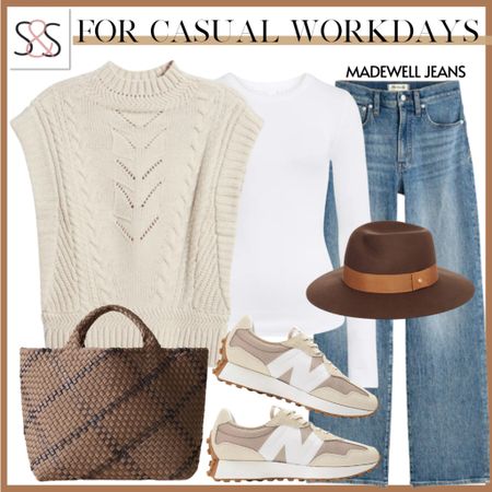 Loving this sweater vest paired with Madewell, jeans and new balance 327 sneakers 