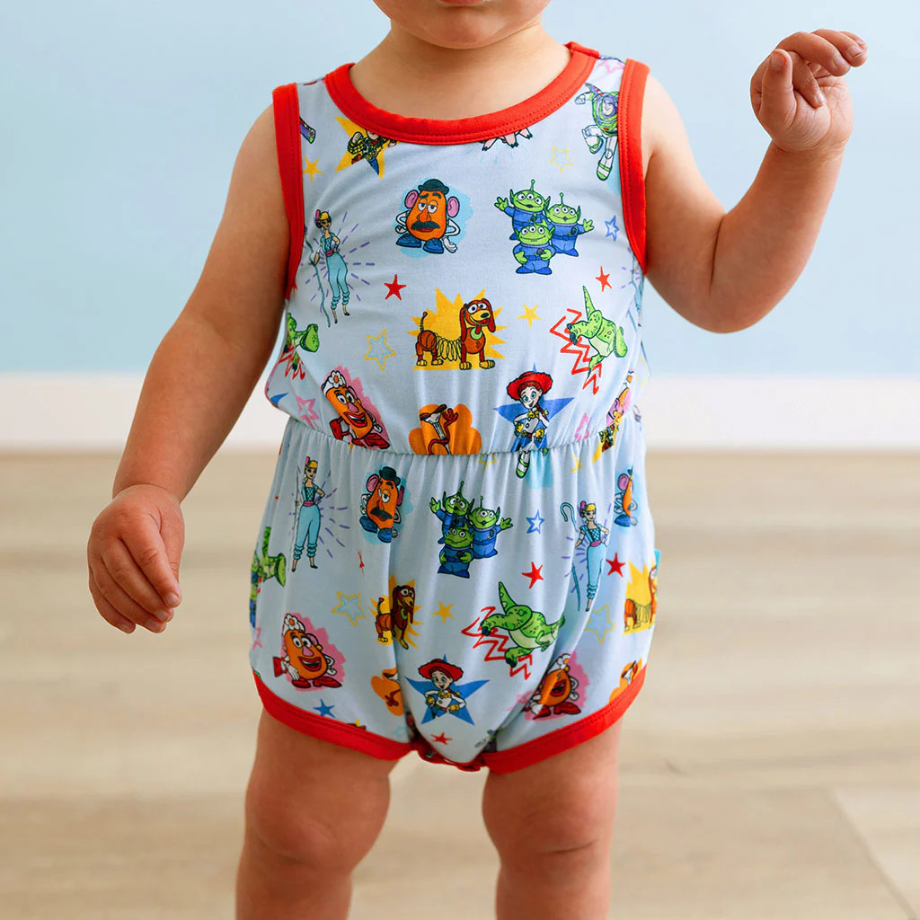 Character Blue Daywear Disney Toy Story Time Varsity Romper | Posh Peanut\u00ae | Posh Peanut