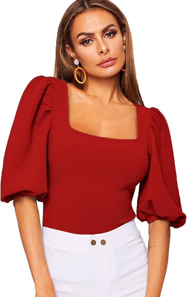 Romwe Women's Casual Puff Sleeve Square Neck Slim Fit Crop Tee Tops | Amazon (US)