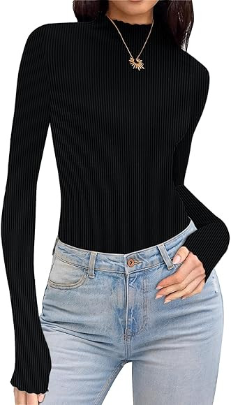 Ekouaer Turtleneck Shirt Women Ruffle Ribbed Long Sleeve Mock Neck Tops Slim Fit Lettuce Trim Bas... | Amazon (CA)