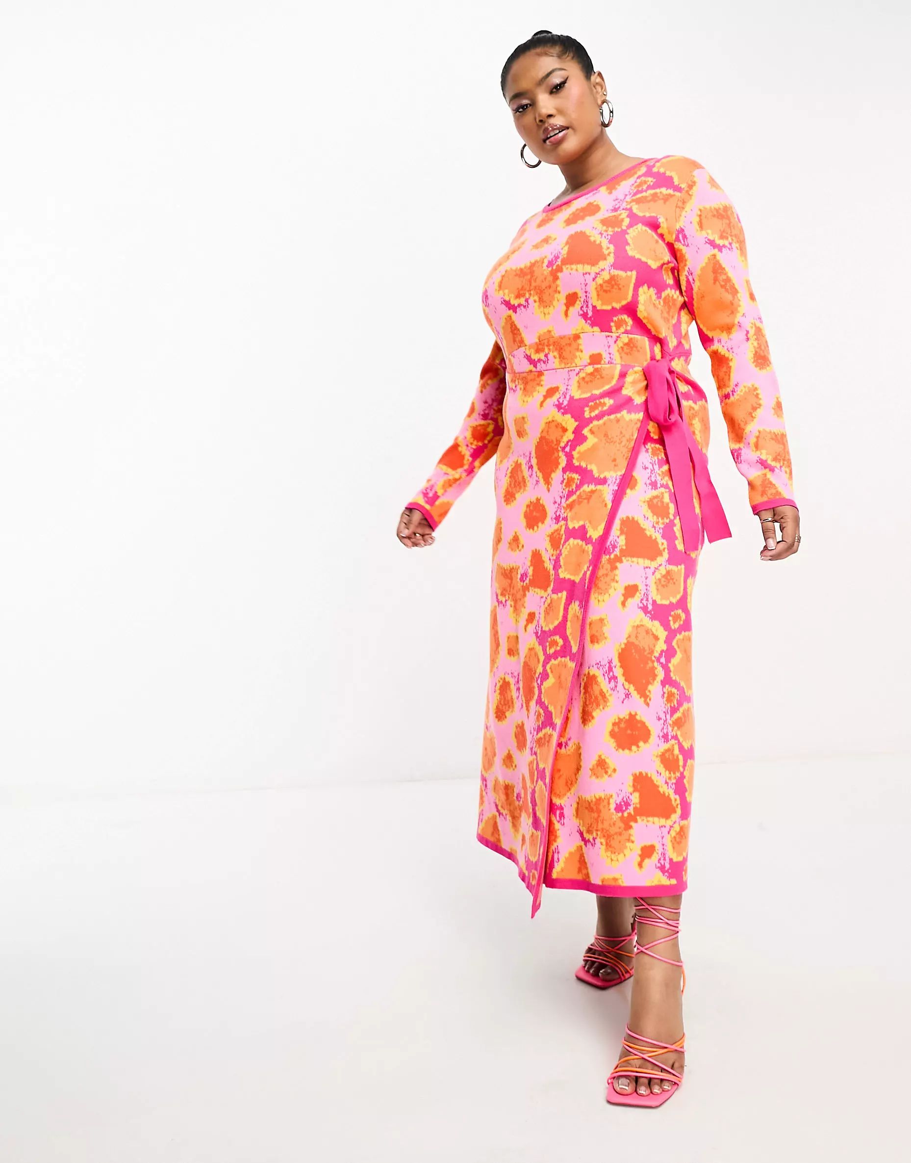 Never Fully Dressed Plus knit wrap midi dress in pink and orange leopard | ASOS (Global)