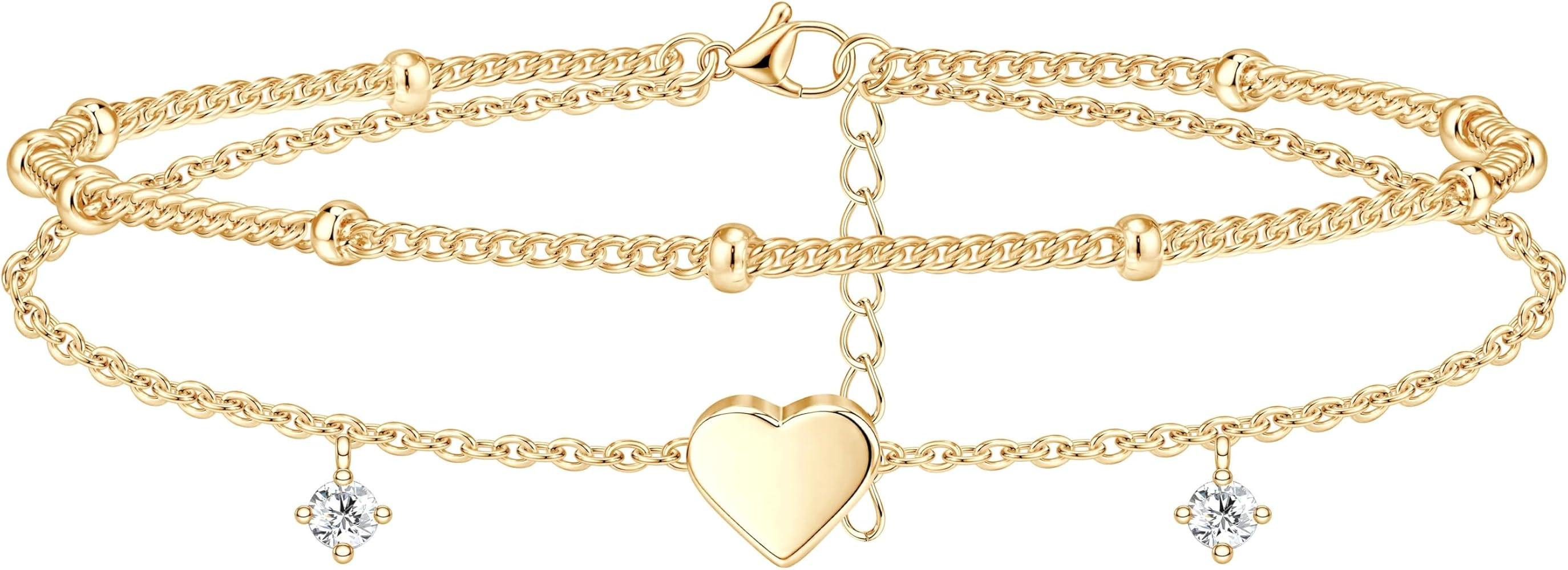 Gold/Sterling Silver Anklet Bracelets for Women Waterproof, 925 Sterling Sliver Plated Heart Evil... | Amazon (US)
