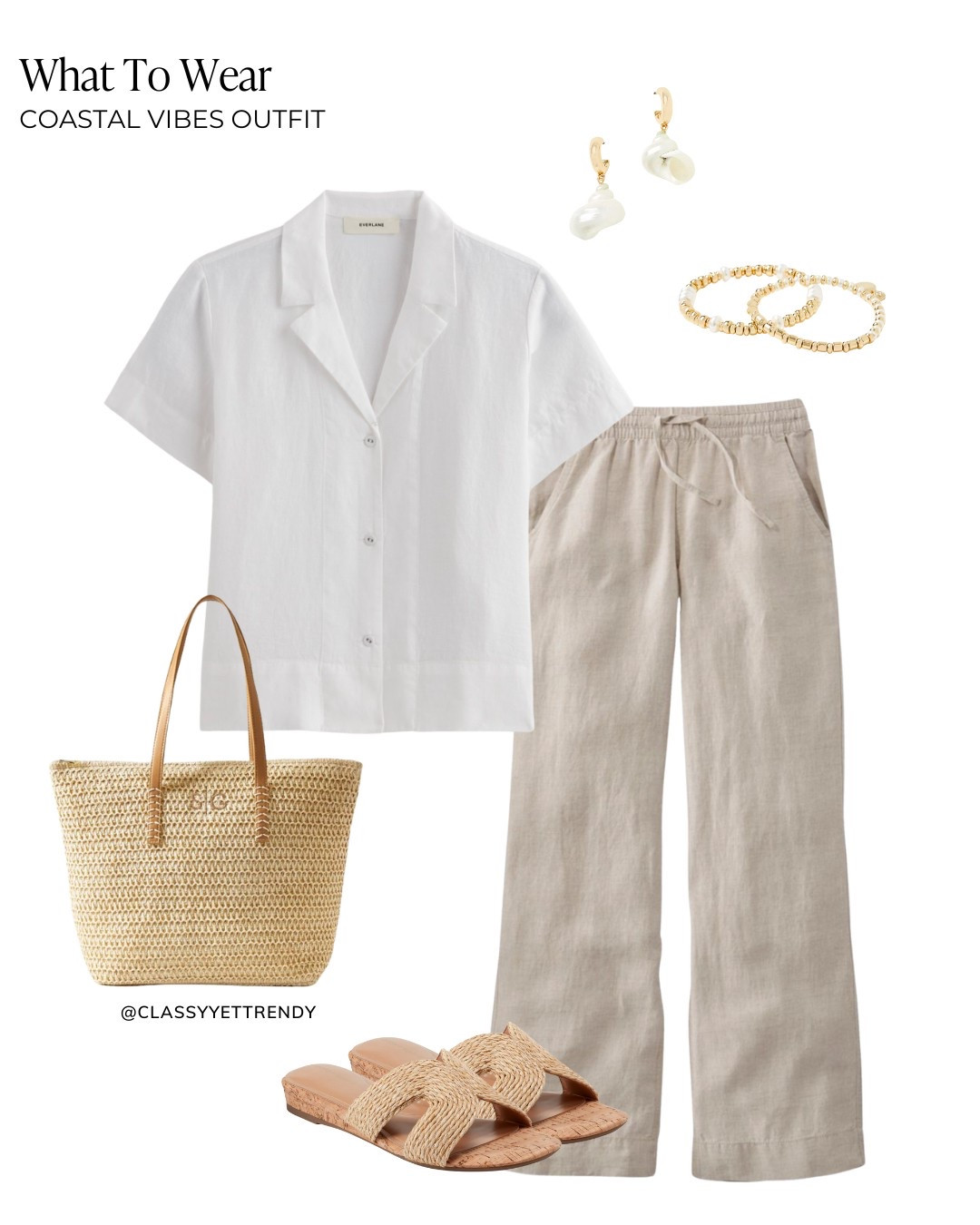 Coastal-style spring outfits: relaxed, casual And airy, inspired by the beachside lifestyle ☀️ Mix & match outfits with beach-themed accent colors for women who are moms, retired, work from home ✔️ All from the Coastal Vibes Capsule Wardrobe: Summer 2025 Collection, now available in the Capsule Wardrobe Store!

stripe tee, linen top, open stitch sweater, gauze button shirt, chambray shirt, tank, wide leg denim jeans, linen pants, midi skirt, denim shirt jacket, cardigan, zip hoodie, sandals, sneakers, flats, huarache, straw tote, straw hat