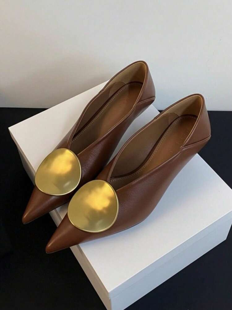 French Metal Head Pointed Toe Slip-On Pumps, Women's Spring/Autumn New Fashion Stiletto High Heels, Elegant Leather Shoes | SHEIN