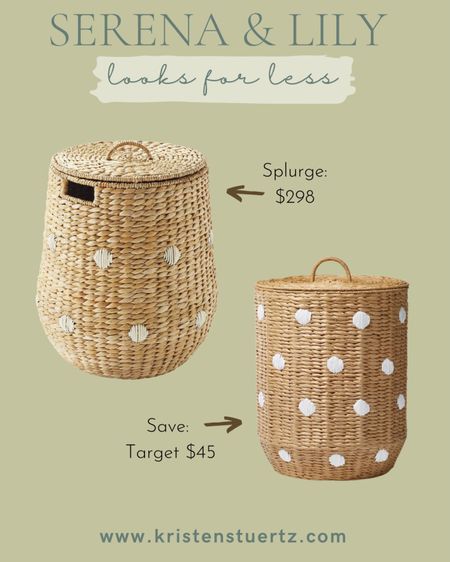 Serena & Lily: get the look for less! S&L large dot rattan basket with lid. Measures 19” D x 22” H and is currently priced at $298.

The Target dupe is  the Pillowfort woven paper dot hamper in natural. Priced at a friendly $45 this cute rattan basket is slightly smaller, measuring 15” W x 18.5” H. 

It also comes from a set and can be paired with the rattan trash can and baskets !

#LTKunder50 #LTKhome #LTKFind