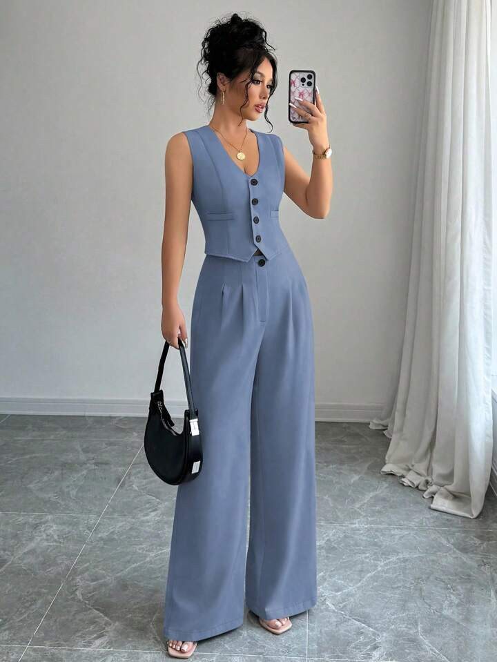 Elenzga Women Casual Solid Color Sleeveless Blazer Vest And Wide Leg Pants Suit Set | SHEIN