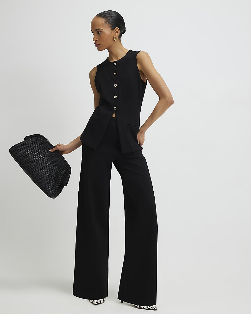 Black Stretch Scallop Waistcoat | River Island UK & IE