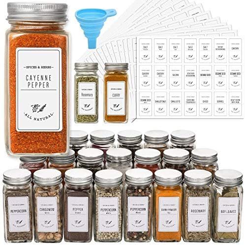 24 Pcs Glass Spice Jars with White Printed Spice Labels - 4oz Empty Square Spice Bottles - Shaker... | Amazon (US)
