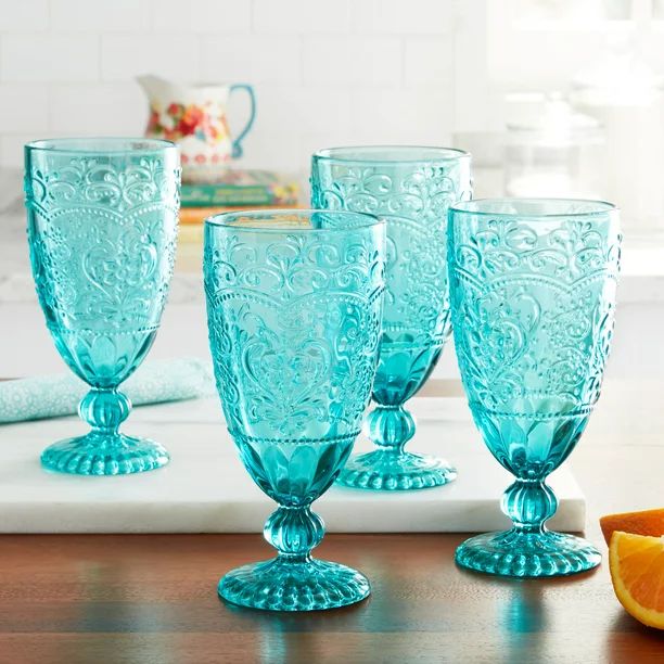 The Pioneer Woman Amelia 4-Piece 14.7-Ounce Goblet Set, Teal | Walmart (US)
