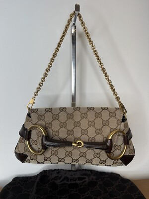 AUTH VINTAGE GUCCI TOM FORD BROWN LEATHER HORSEBIT CLUTCH BAG Beige Monogram  | eBay | eBay US