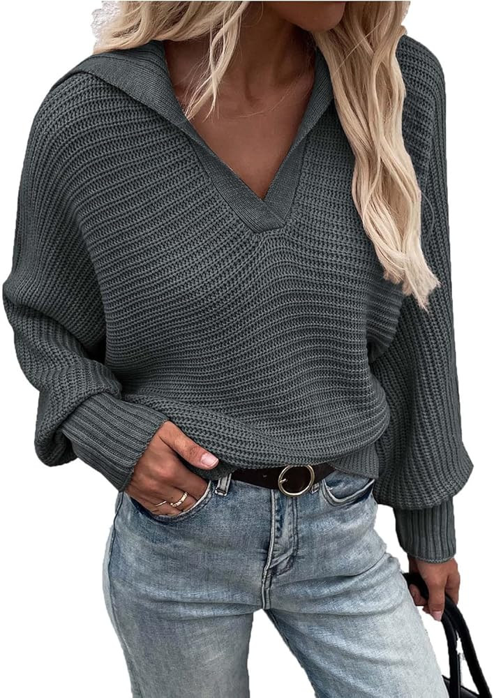Womens Collared V Neck Knit Sweater Long Sleeve Loose Fall Winter Pullover Tops | Amazon (US)