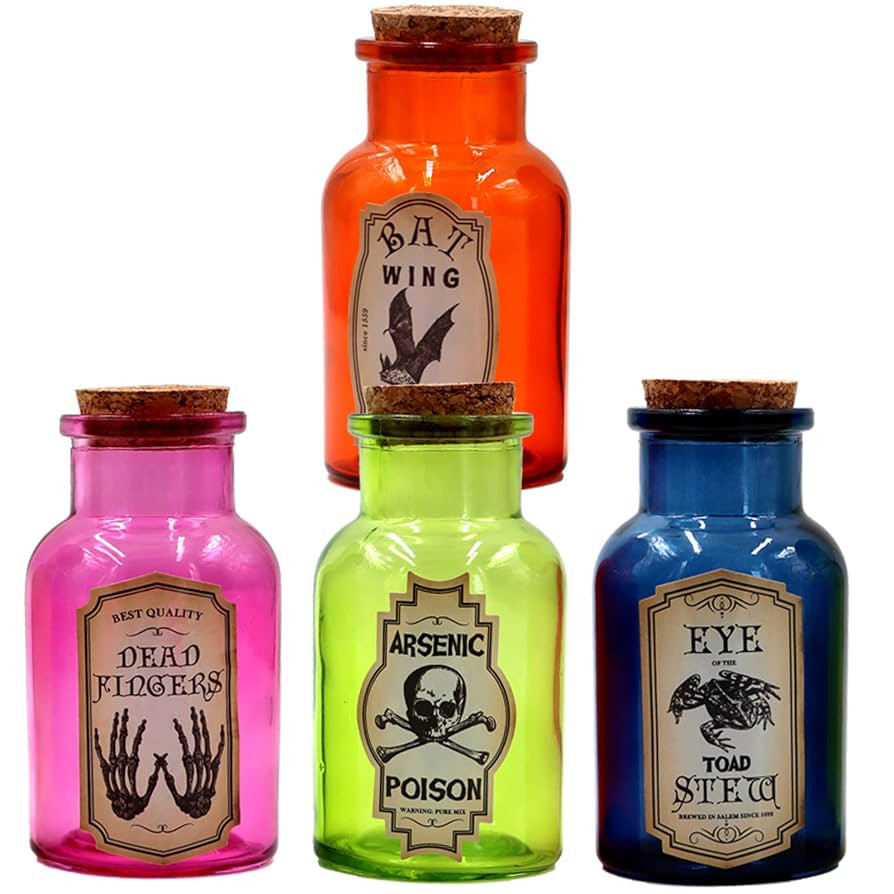 Halloween Glass Potion Bottle,4 Set of Apothecary Bottles with 8pcs Halloween labels Stickers,Col... | Amazon (US)