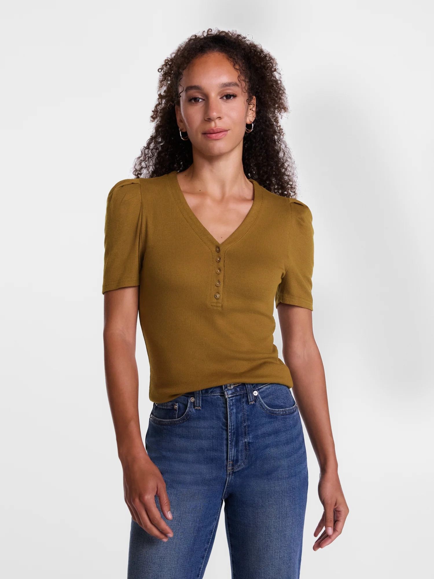 Scenario Women's V-Neck Henley Top with Short Puff Sleeves, Sizes XS-XXXL | Walmart (US)