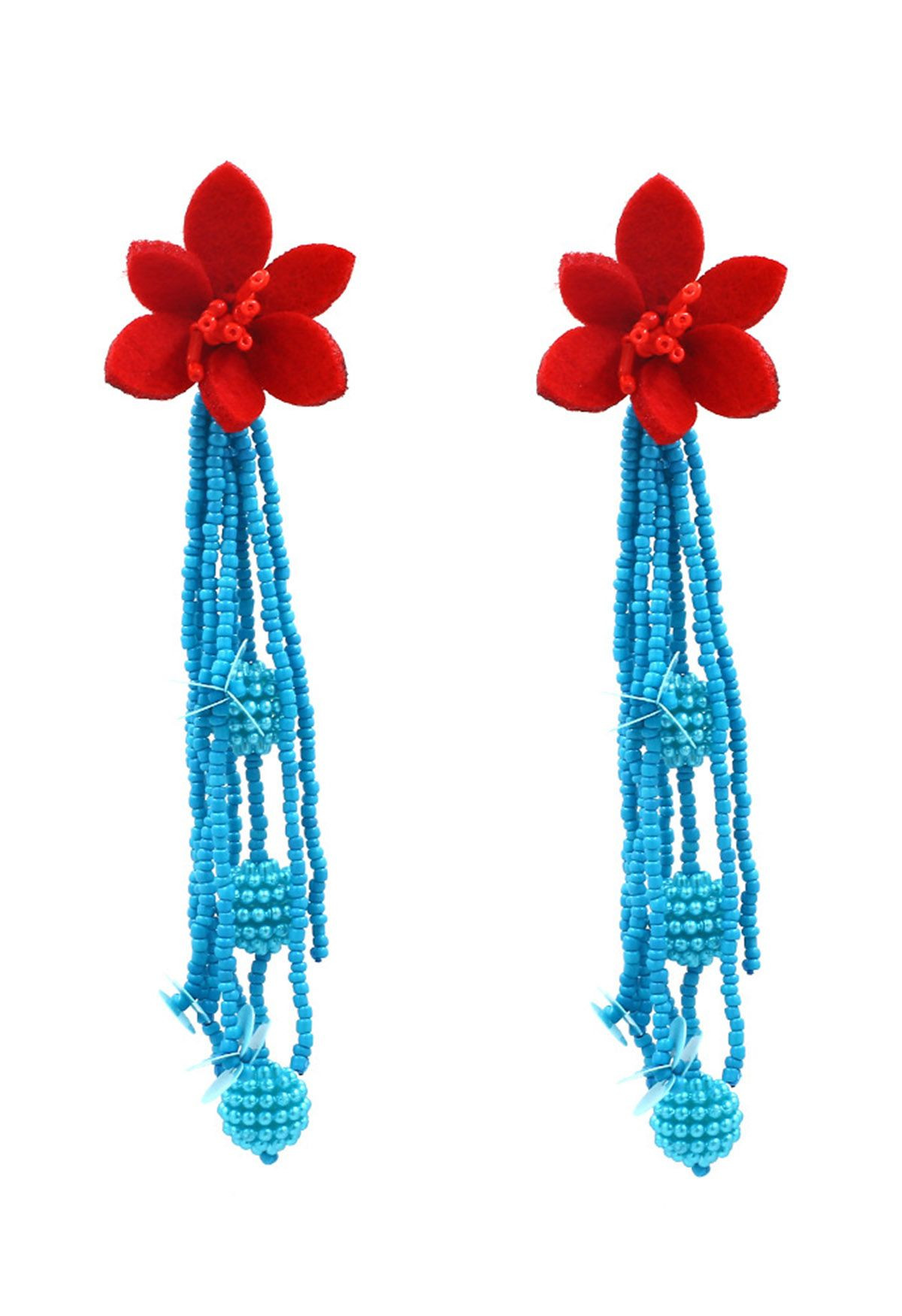 Red Flower Beaded Tassel Earrings | Chicwish