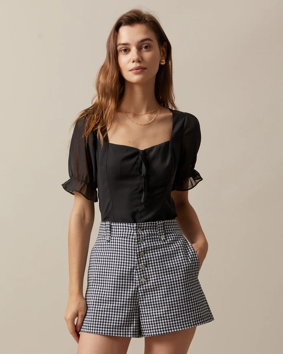 The Black Sweetheart Neck Puff Sleeve Sheer Blouse | rihoas.com